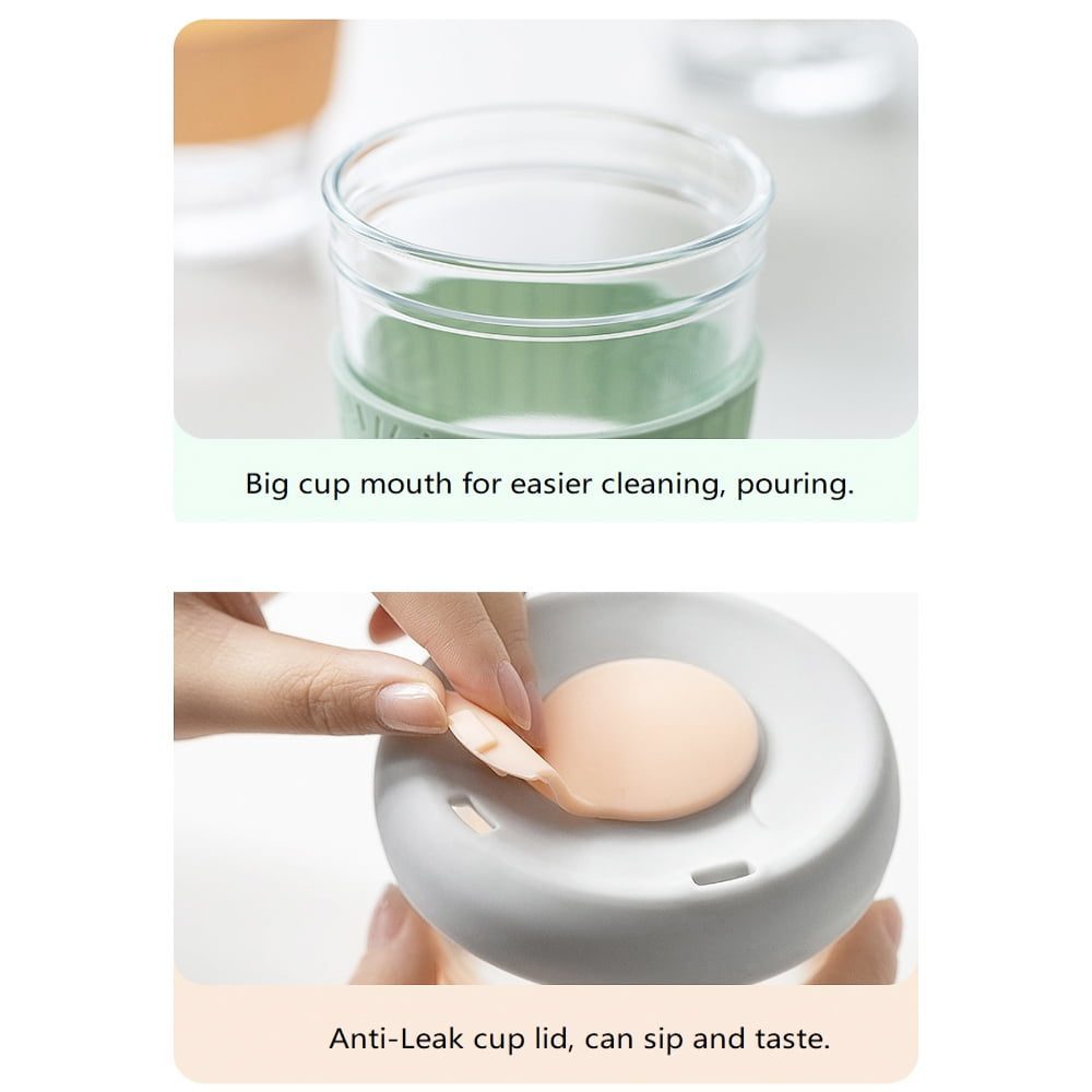 Set 2 pahare cafea/ceai, Quasar & Co.®, model To Go, cu protectie termica si capac din silicon, sticla, 320 ml, gri/verde 7