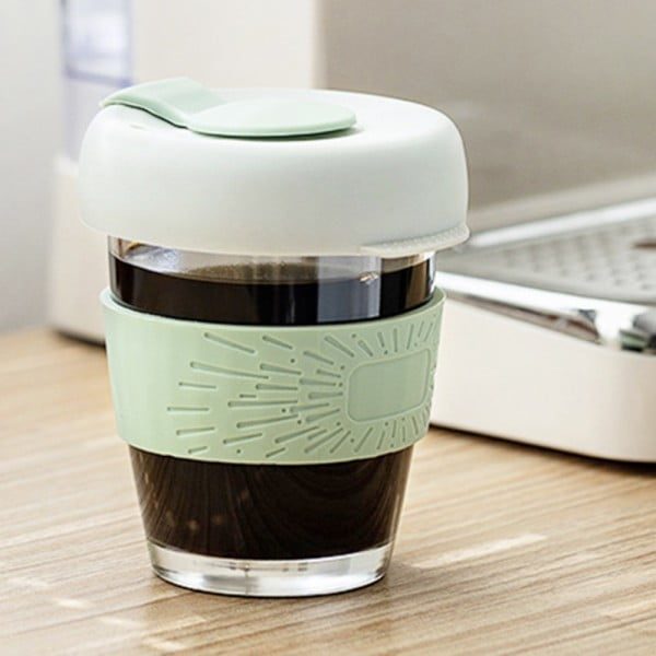 Set 2 pahare cafea/ceai, Quasar & Co.®, model To Go, cu protectie termica si capac din silicon, sticla, 320 ml, gri/verde - imagine 4