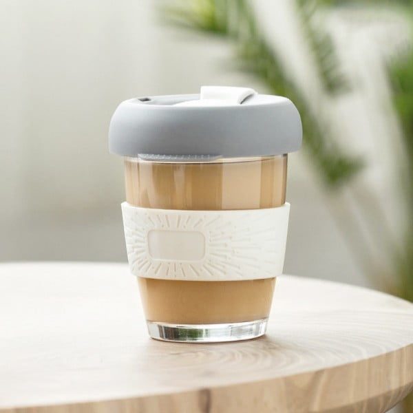 Set 2 pahare cafea/ceai, Quasar & Co.®, model To Go, cu protectie termica si capac din silicon, sticla, 320 ml, gri/verde - imagine 5