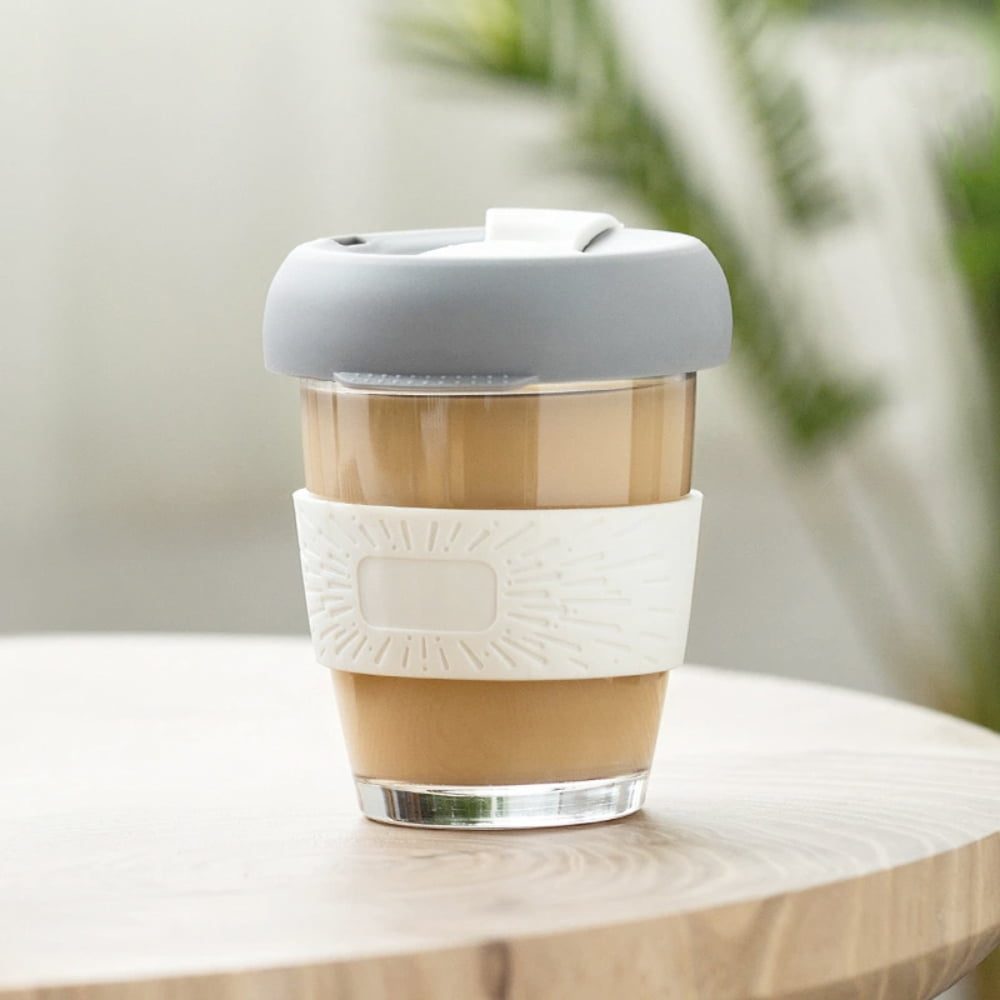 Set 2 pahare cafea/ceai, Quasar & Co.®, model To Go, cu protectie termica si capac din silicon, sticla, 320 ml, gri/verde 5