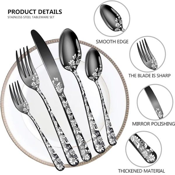 Set 20 tacamuri din inox, Quasar & Co.®, 4 x lingura, 4 x furculita, 4 x cutit, 4 x lingurita, 4 x furculita mica, negru - imagine 3