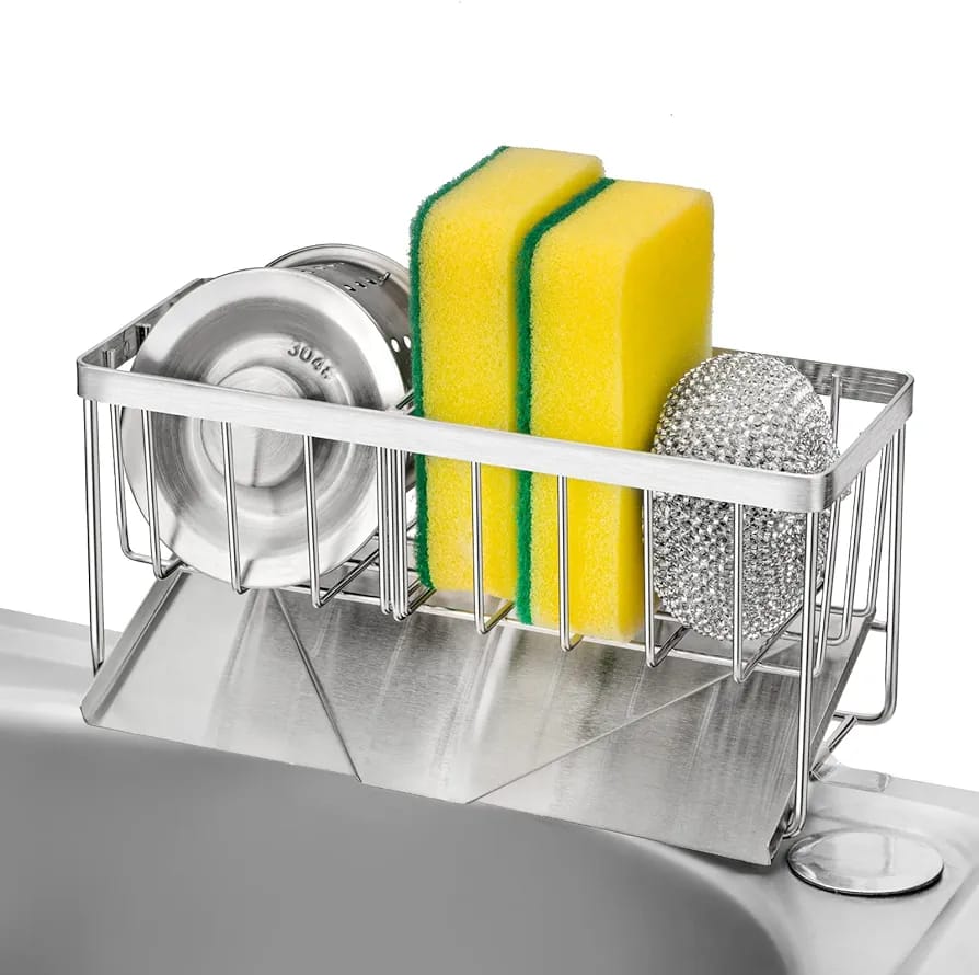 Suport burete vase/dozator detergent, Quasar & Co.®, cu sistem de scuregere, otel inoxidabil, 21.5 x 9 x 10.3 cm, argintiu