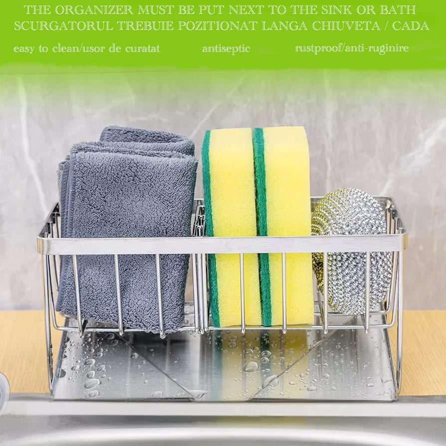 Suport burete vase/dozator detergent, Quasar & Co.®, cu sistem de scuregere, otel inoxidabil, 21.5 x 9 x 10.3 cm, argintiu 7