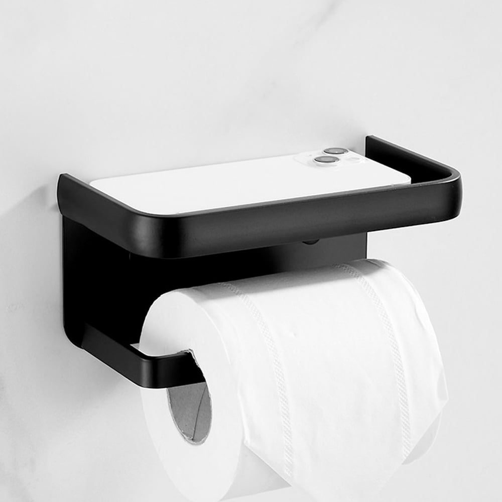 Suport hartie igienica, Quasar & Co.®, cu raft depozitare servetele umede/telefon, 18.3 x 9.3 x 7 cm, metal, negru