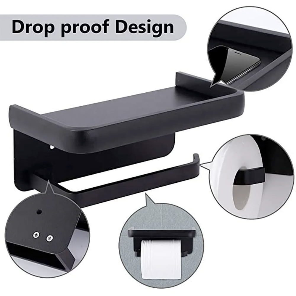Suport hartie igienica, Quasar & Co.®, cu raft depozitare servetele umede/telefon, 18.3 x 9.3 x 7 cm, metal, negru 4
