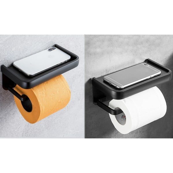 Suport hartie igienica, Quasar & Co.®, cu raft depozitare servetele umede/telefon, 18.3 x 9.3 x 7 cm, metal, negru - imagine 5