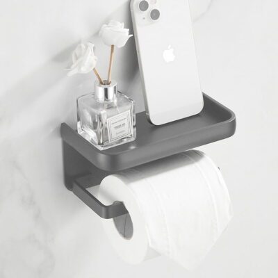 Suport hartie igienica, Quasar & Co.®, cu raft depozitare servetele umede/telefon, 18.3 x 9.3 x 7 cm, metal, gri deschis 5