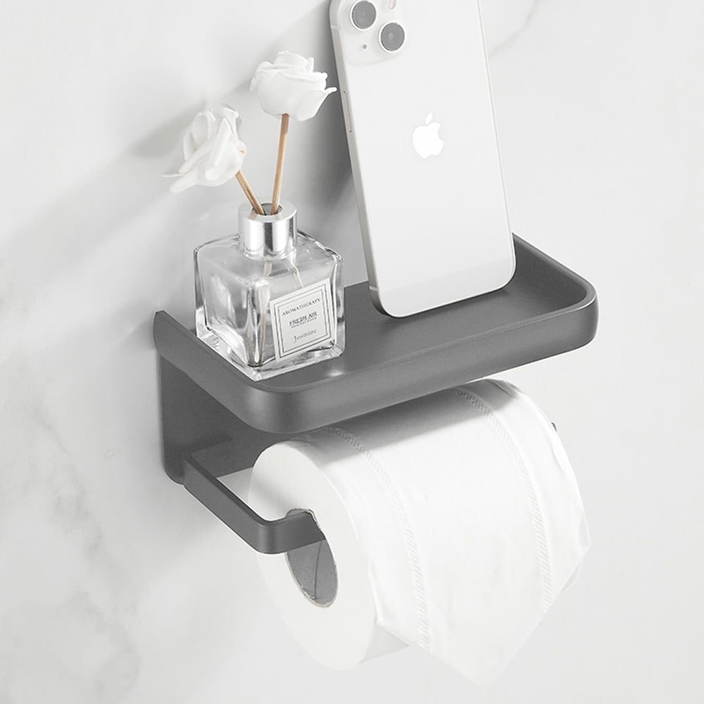 Suport hartie igienica, Quasar & Co.®, cu raft depozitare servetele umede/telefon, 18.3 x 9.3 x 7 cm, metal, gri deschis