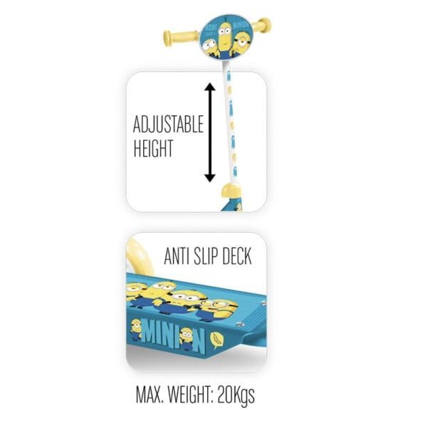 Trotineta cu 3 roti, model Minions, max 20 kg, 2+, ghidon reglabil, platforma antialunecare, 54 x 68-73,5 x 23 cm, albastru/galben - imagine 3