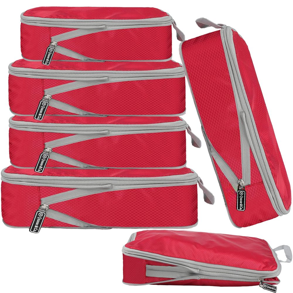 1 Set 6 huse organizare bagaj, Quasar & Co.®, impermeabile, sistem compresie/extensie cu fermoar, rosu