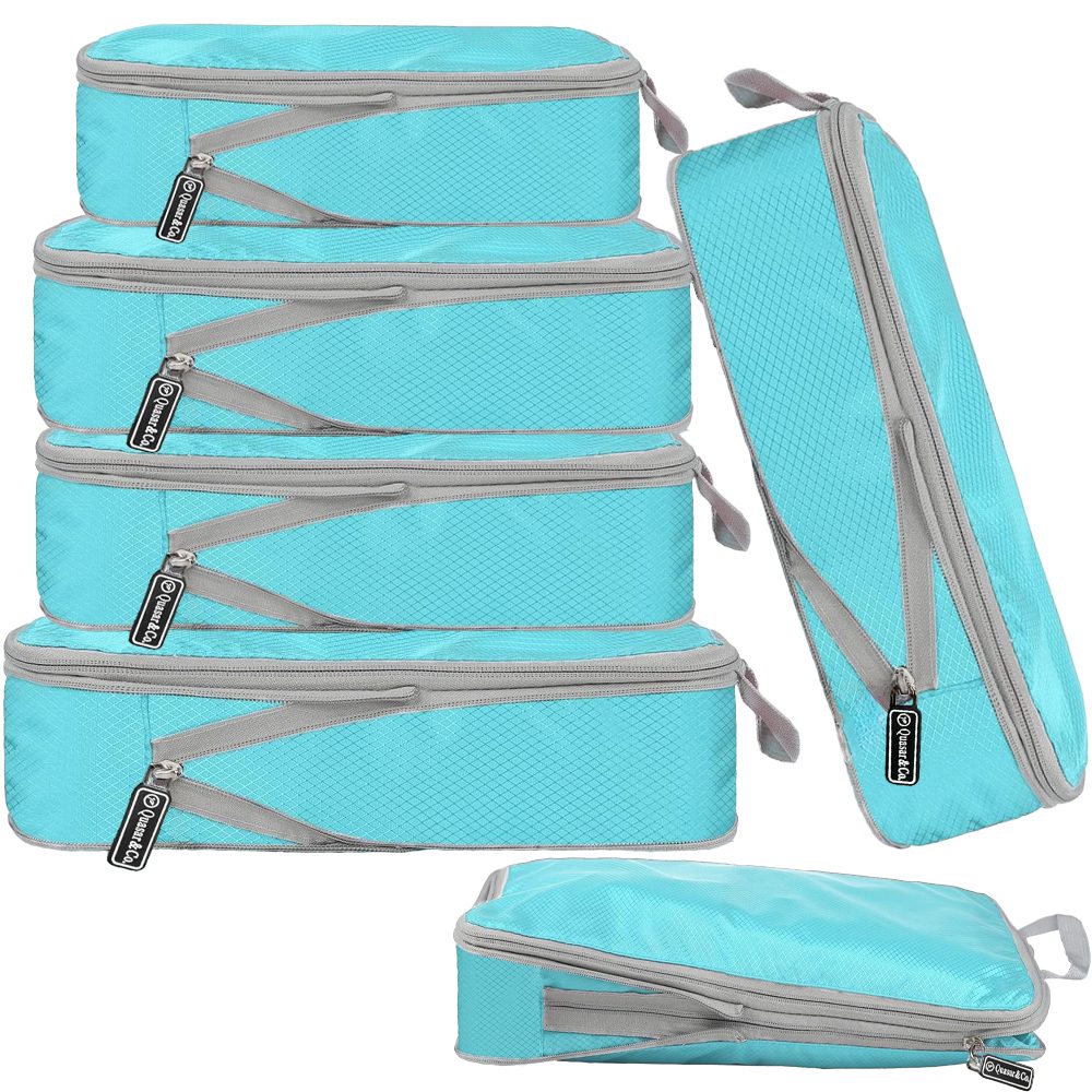 1 Set 6 huse organizare bagaj, Quasar & Co.®, impermeabile, sistem compresie/extensie cu fermoar, albastru