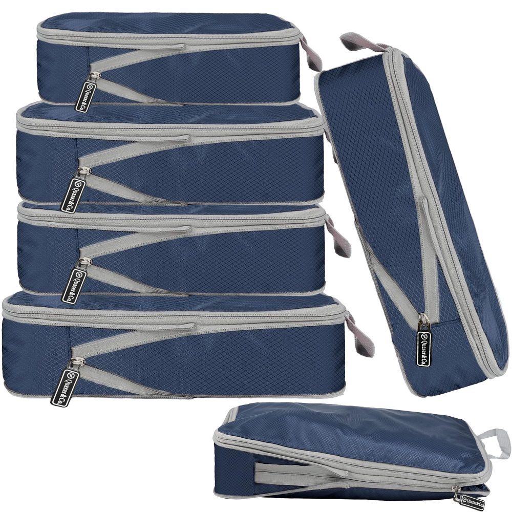 1 Set 6 huse organizare bagaj, Quasar & Co.®, impermeabile, sistem compresie/extensie cu fermoar, bleumarin