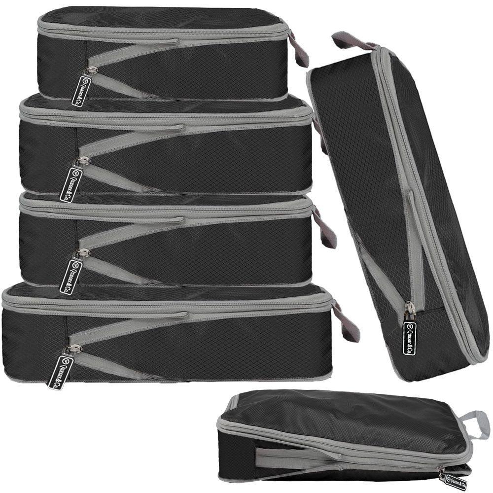 1 Set 6 huse organizare bagaj, Quasar & Co.®, impermeabile, sistem compresie/extensie cu fermoar, negru