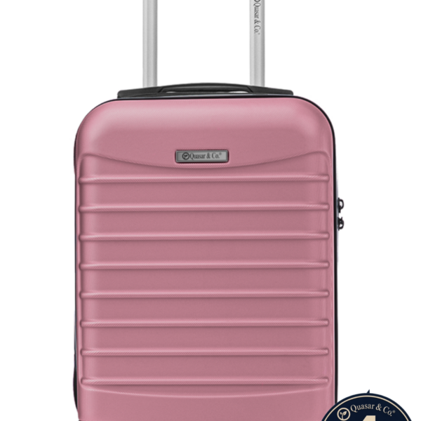 Troler cabina avion Quasar & Co.®, 40x30x20cm, bagaj de mana, troller cu fermoar sigur, cifru, maner telescopic lung, geamantan cu 4 roti duble, detasabile, 360°, valiza ABS 2.8 mm, rezistent, 2 compartimente cu buzunar, 10kg, LINE, roz pudrat