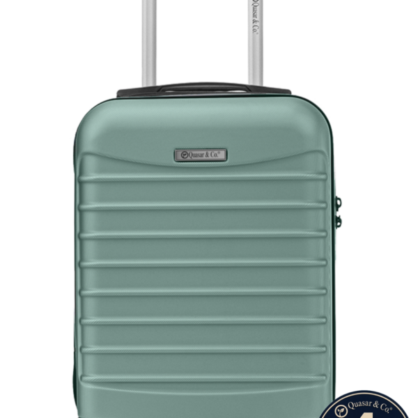 Troler cabina avion Quasar & Co.®, 40x30x20cm, bagaj de mana, troller cu fermoar sigur, cifru, maner telescopic lung, geamantan cu 4 roti duble, detasabile, 360°, valiza ABS 2.8 mm, rezistent, 2 compartimente cu buzunar, 10kg, LINE, turcoaz