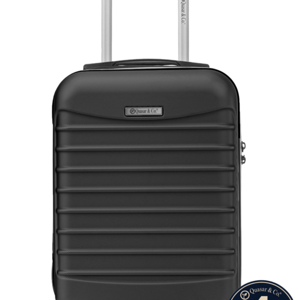 Troler cabina avion Quasar & Co.®, 40x30x20cm, bagaj de mana, troller cu fermoar sigur, cifru, maner telescopic lung, geamantan cu 4 roti duble, detasabile, 360°, valiza ABS 2.8 mm, rezistent, 2 compartimente cu buzunar, 10kg, LINE, negru