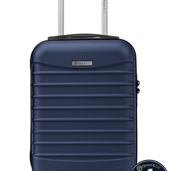 Troler cabina avion Quasar & Co.®, 40x30x20cm, bagaj de mana, troller cu fermoar sigur, cifru, maner telescopic lung, geamantan cu 4 roti duble, detasabile, 360°, valiza ABS 2.8 mm, rezistent, 2 compartimente cu buzunar, 10kg, LINE, bleumarin