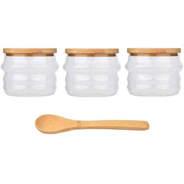 Set 3 recipiente cu suport, capac si lingurite bambus, Quasar & Co.®, 3 x 250 ml borcane depozitare, sticla - imagine 3