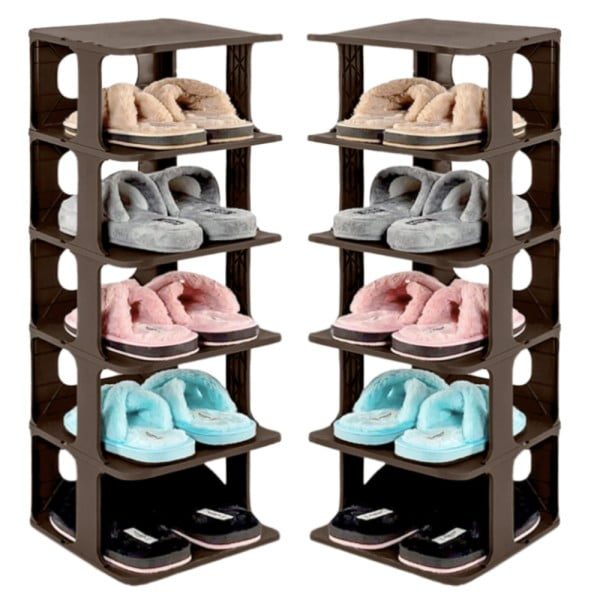Set 2 rafturi universale, Quasar & Co.®, etajere cu 6 polite, pretabil incaltaminte, polipropilena, 80 x 28 x 25 cm, maro - imagine 1