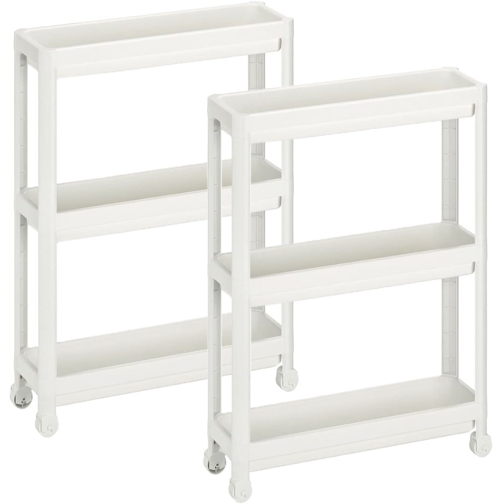 Set 2 etajere universale, Quasar & Co.®, rafturi slim cu 3 polite, cu roti, polipropilena, 71 x 54 x 18 cm, alb