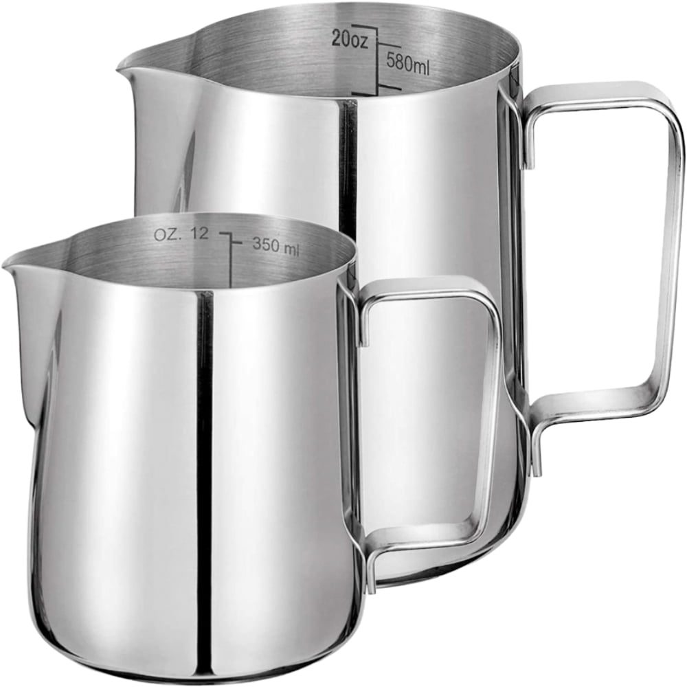 Set 2 cani din inox cu gradatie, latiere pentru spumare cu maner, Quasar & Co.®, cani de lapte sau cappucino, cu cioc, cani pentru bar, cani barista, 350 ml-h 9 cm si  600 ml-h 11 cm 2