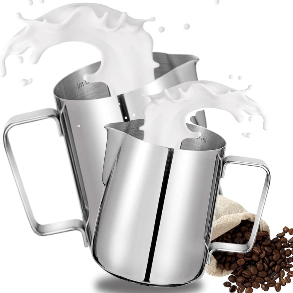 Set 2 cani din inox cu gradatie, latiere pentru spumare cu maner, Quasar & Co.®, cani de lapte sau cappucino, cu cioc, cani pentru bar, cani barista, 350 ml-h 9 cm si  600 ml-h 11 cm
