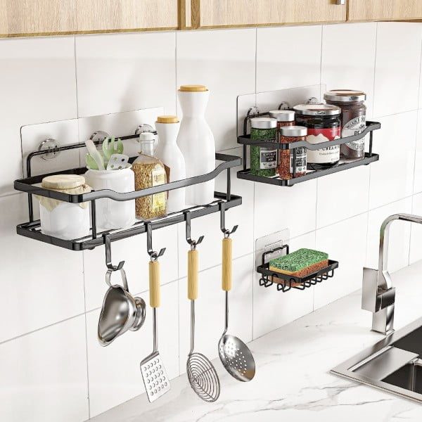 Set 4 etajere pentru bucatarie, Quasar & Co.®, suspendate, metal, 31 x 12 x 6,5/31.5 x 13.5 x 7.5 cm, negru - imagine 3