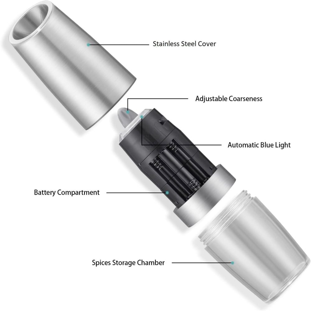 Rasnita electrica cu LED Quasar & Co.®, mecanism ceramica, pentru sare si piper, h 20 cm, argintiu 8