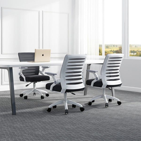 Scaun de birou,  Quasar & Co.®, ergonomic, manere rabatabile, sezut latex, inaltime reglabila, suport lombar, mesh, 49 x 50 x 89-97 cm, alb/gri - imagine 7