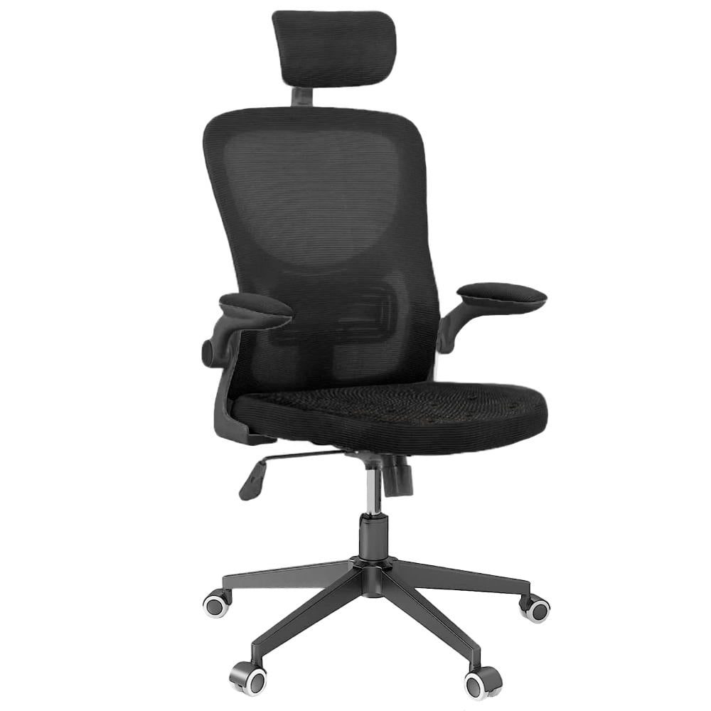 43041075-1 Scaun de birou, Quasar & Co.®, ergonomic, manere rabatabile, sezut latex, inaltime reglabila, suport lombar, tetiera ajustabila, mesh, 57 x 53 x 98-107 cm, negru