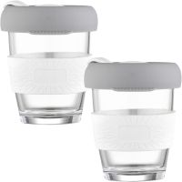 Set 2 pahare cafea/ceai, Quasar & Co.®, model To Go, cu protectie termica si capac din silicon, sticla, 320 ml, gri/alb 2 Set 2 pahare cafea/ceai, Quasar & Co.®, model To Go, cu protectie termica si capac din silicon, sticla, 320 ml, gri/alb 2