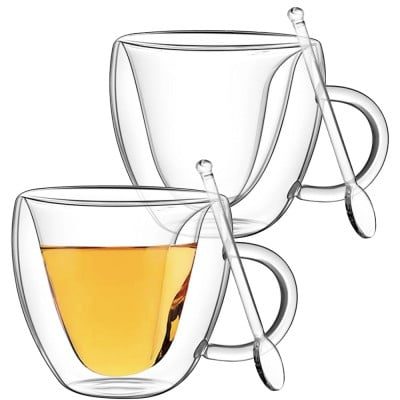 Set 2 cani cu pereti dubli si 2 lingurite, Quasar & Co.®, 250 ml, interior forma inima, termorezistenta, transparent 8