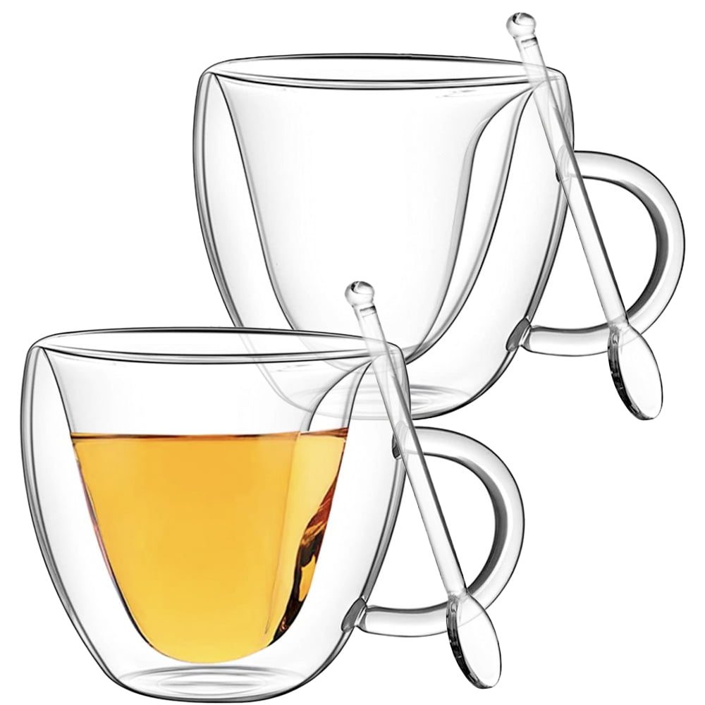 Set 2 cani cu pereti dubli si 2 lingurite, Quasar & Co.®, 250 ml, interior forma inima, termorezistenta, transparent