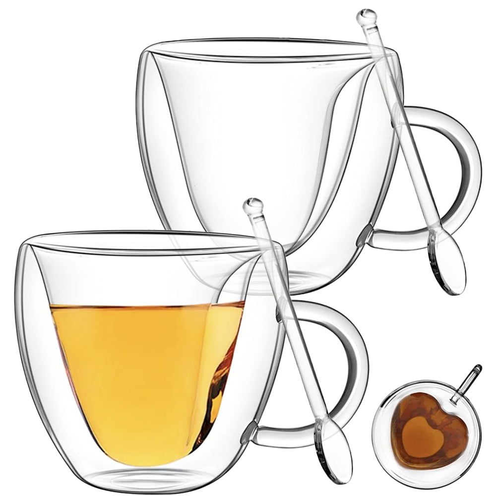 Set 2 cani cu pereti dubli si 2 lingurite, Quasar & Co.®, 250 ml, interior forma inima, termorezistenta, transparent 2