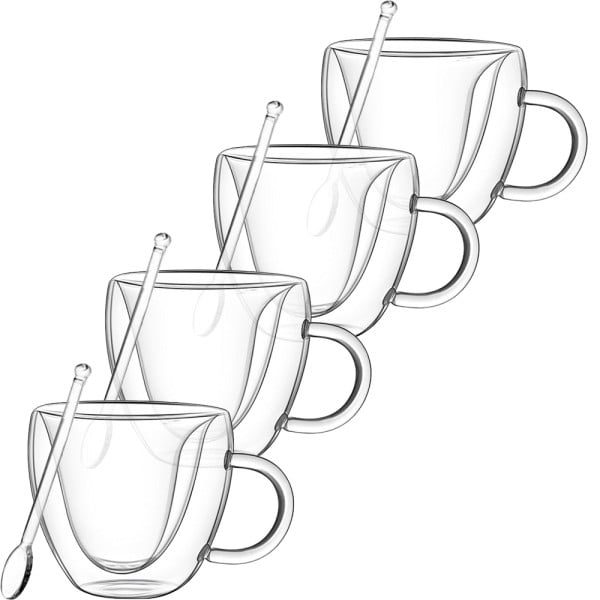 Set 4 cani cu pereti dubli si 4 lingurite, Quasar & Co.®, 250 ml, interior forma inima, termorezistenta, transparent - imagine 3