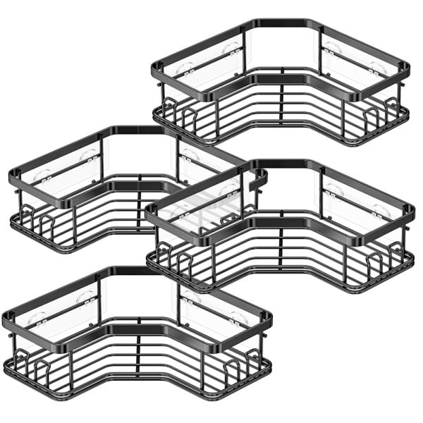 Set 4 etajere de colt pentru dus, Quasar & Co.®, rafturi pentru baie, suspendate, prindere cu adeziv, metal, 6,5 x 24,5 x 24,5 / 6.5 x 22 x 22 cm, negru Suporturi si accesorii de baie 2024-07-27 2