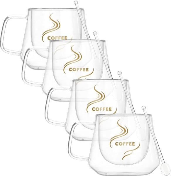 Set 4 cesti cafea cu pereti dubli cu 4 lingurite, Quasar & Co.®, 200 ml, termorezistenta, model rotund, mesaj COFFEE, transparent Cesti 2024-05-02