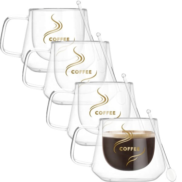 Set 4 cesti cafea cu pereti dubli cu 4 lingurite, Quasar & Co.®, 200 ml, termorezistenta, model rotund, mesaj COFFEE, transparent Cesti 2024-05-02 2