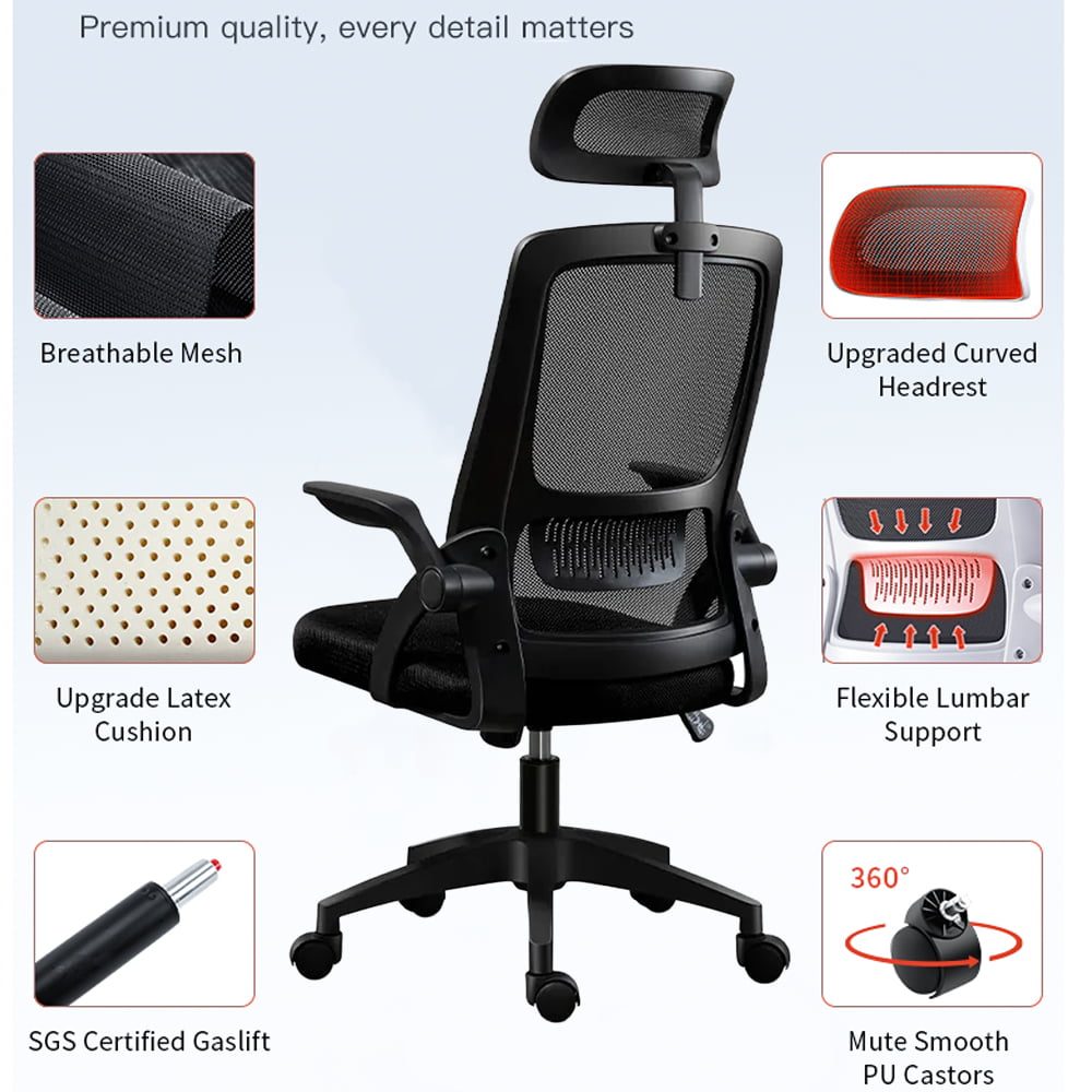 Scaun de birou, Quasar & Co.®, manere rabatabile, ergonomic, inaltime reglabila, suport lombar, sezut latex, tetiera ajustabila, mesh, 50 x 50 x 90-98 cm, negru 3