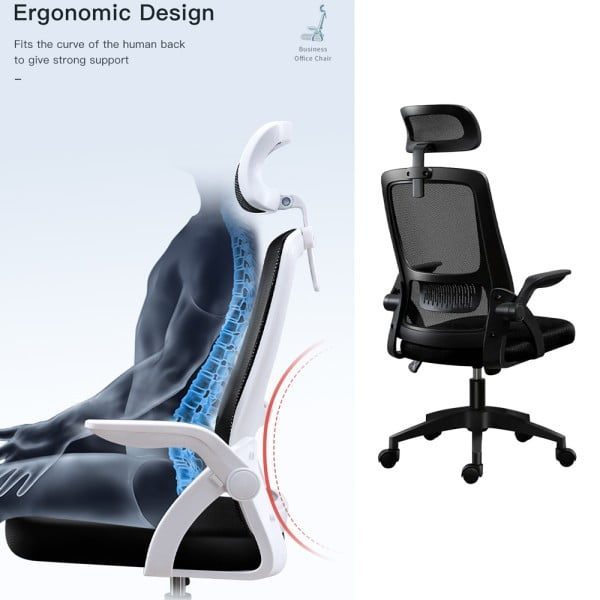 Scaun de birou, Quasar & Co.®, manere rabatabile, ergonomic, inaltime reglabila, suport lombar, sezut latex, tetiera ajustabila, mesh, 50 x 50 x 90-98 cm, negru - imagine 4