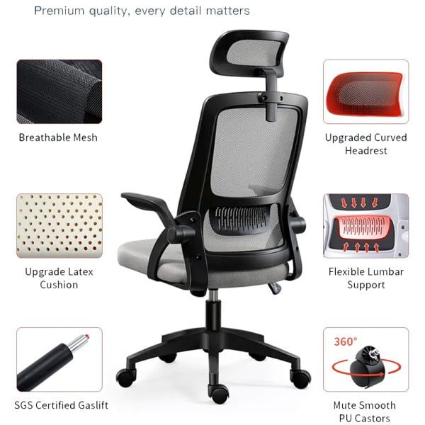 Scaun de birou, Quasar & Co.®, ergonomic, manere rabatabile, sezut latex, inaltime reglabila, suport lombar, tetiera ajustabila, mesh, 48 x 50 x 89-97 cm, gri - imagine 3