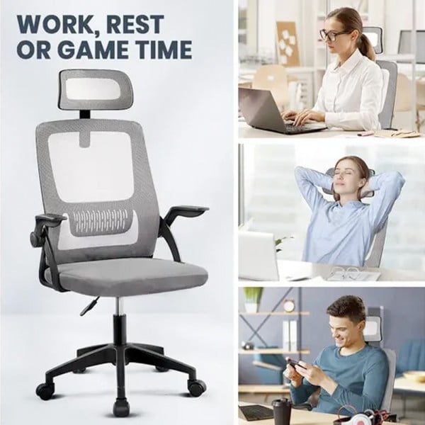 Scaun de birou, Quasar & Co.®, ergonomic, manere rabatabile, sezut latex, inaltime reglabila, suport lombar, tetiera ajustabila, mesh, 48 x 50 x 89-97 cm, gri - imagine 7