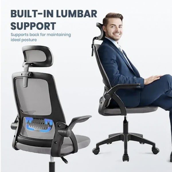 Scaun de birou, Quasar & Co.®, ergonomic, manere rabatabile, sezut latex, inaltime reglabila, suport lombar, tetiera ajustabila, mesh, 48 x 50 x 89-97 cm, gri - imagine 8