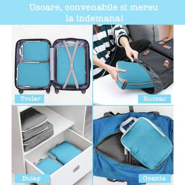 Set 6 huse organizare bagaj, Quasar & Co.®, impermeabile, sistem compresie/extensie cu fermoar, albastru - imagine 8