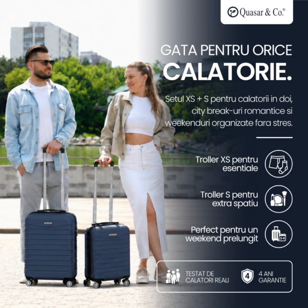 Set 2 trolere cabina, Quasar & Co.®, 40x30x20 cm cu roti detasabile si 55x38x21 cm, bagaj de mana, troller cu fermoar antifurt, cifru, maner telescopic lung, geamantan 4 roti duble 360°, valiza ABS 2.8 mm rezistent, 10kg, LINE, Bleumarin