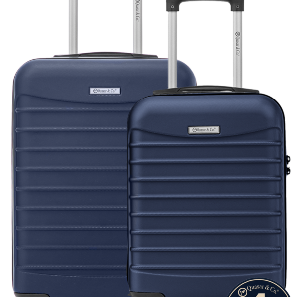 Set 2 trolere cabina, Quasar & Co.®, 40x30x20 cm cu roti detasabile si 55x38x21 cm, bagaj de mana, troller cu fermoar antifurt, cifru, maner telescopic lung, geamantan 4 roti duble 360°, valiza ABS 2.8 mm rezistent, 10kg, LINE, Bleumarin