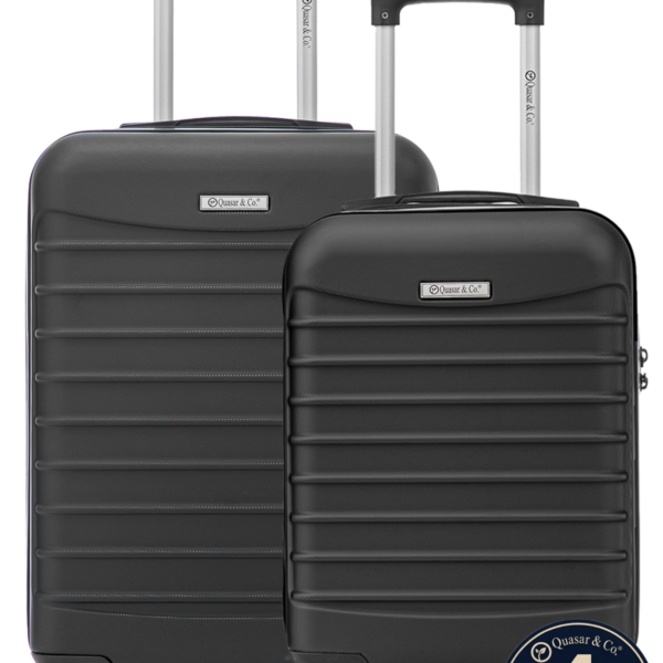 Set 2 trolere cabina, Quasar & Co.®, 40x30x20 cm cu roti detasabile si 55x38x21 cm, bagaj de mana, troller cu fermoar antifurt, cifru, maner telescopic lung, geamantan 4 roti duble 360°, valiza ABS 2.8 mm rezistent, 10kg, LINE, Negru