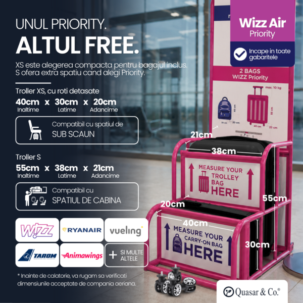 Set 2 trolere cabina, Quasar & Co.®, 40x30x20 cm cu roti detasabile si 55x38x21 cm, bagaj de mana, troller cu fermoar antifurt, cifru, maner telescopic lung, geamantan 4 roti duble 360°, valiza ABS 2.8 mm rezistent, 10kg, LINE, Negru - imagine 3