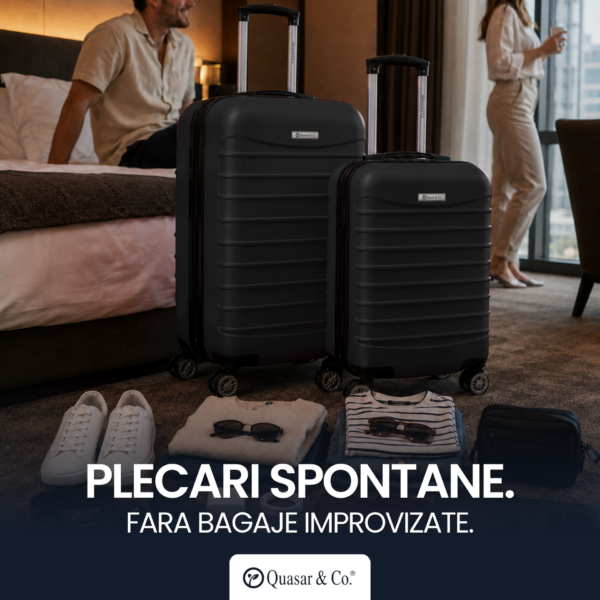 Set 2 trolere cabina, Quasar & Co.®, 40x30x20 cm cu roti detasabile si 55x38x21 cm, bagaj de mana, troller cu fermoar antifurt, cifru, maner telescopic lung, geamantan 4 roti duble 360°, valiza ABS 2.8 mm rezistent, 10kg, LINE, Negru - imagine 4