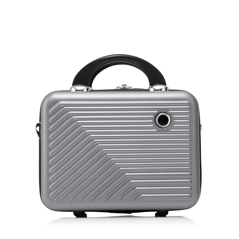 Set troler cabina cu geanta cosmetice, Quasar & Co.®, 55 x 39 x 23 cm, bagaj de mana, valiza cu cifru, maner telescopic lung, geamantan cu 4 roti duble silentioase 360°, 2 compartimente cu buzunar, model Meta, gri 5